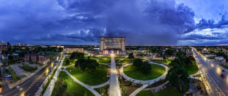 An exterior panoramic view of Michigan Central Station and surrounding areas in Detroit. Credit: Stephen McGee